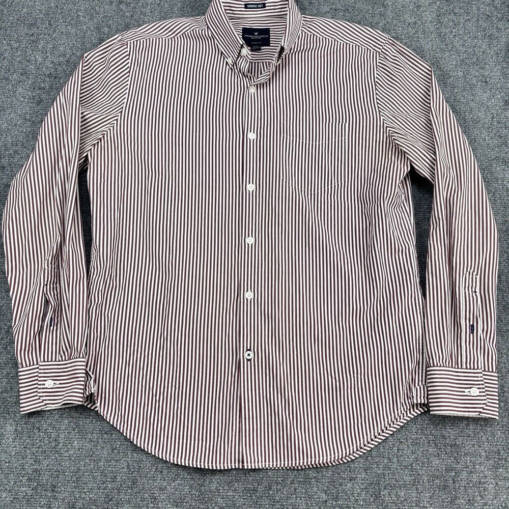 American Eagle Men's M Seriously Soft Burgundy Stripe Cotton Shirt